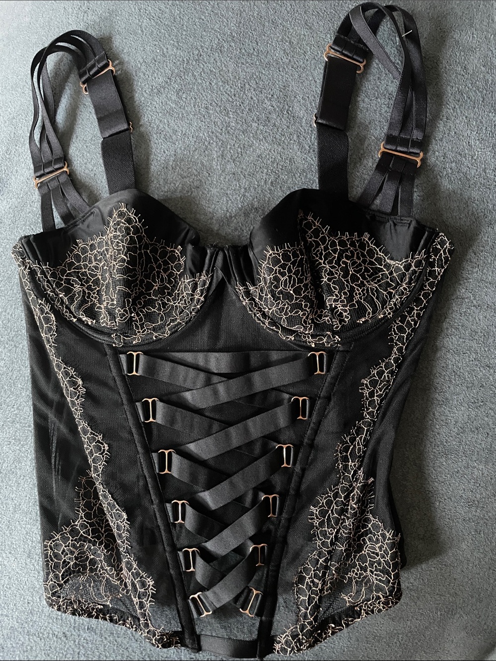 Victoria's Secret Black Corset Top with Cream Lace